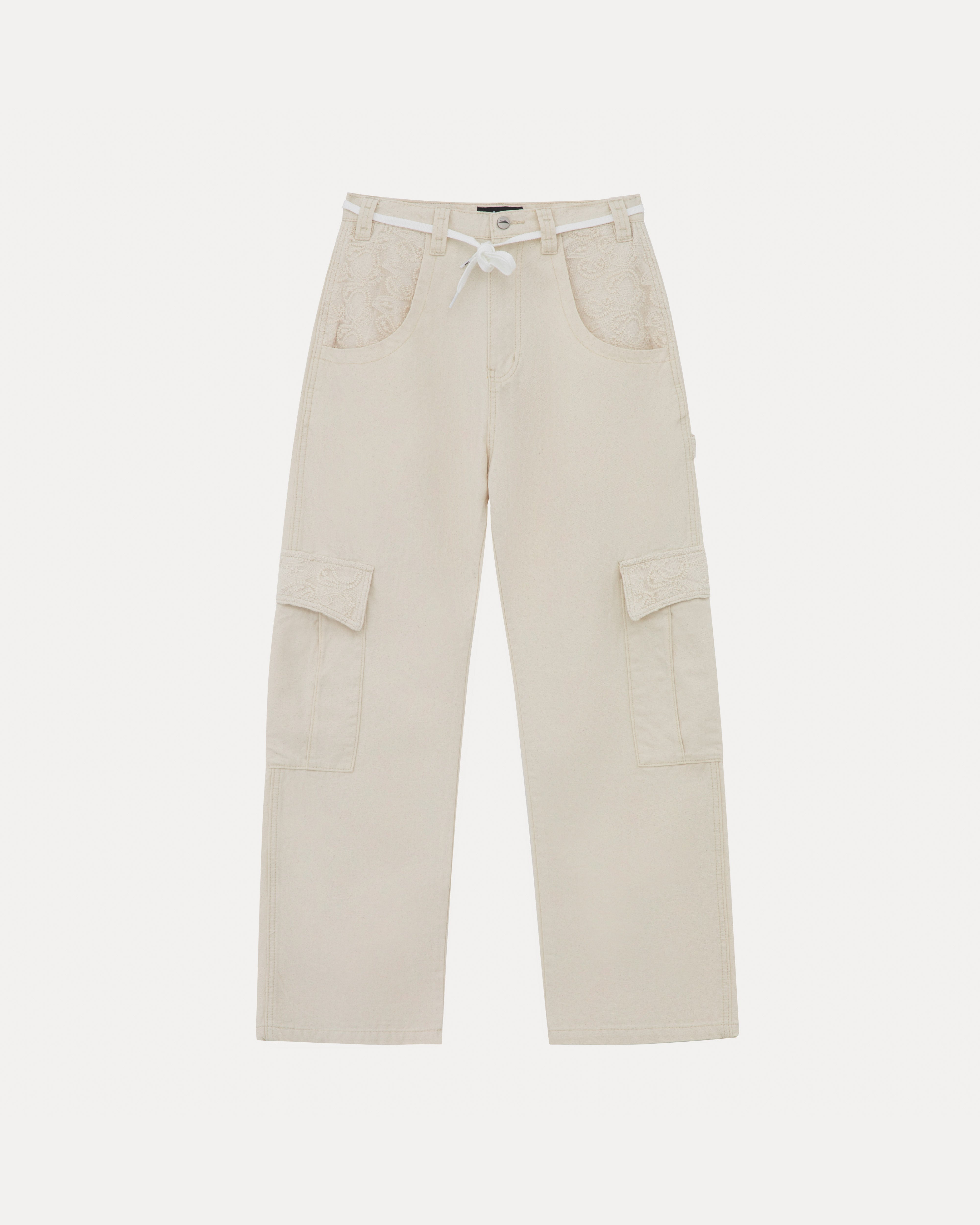 Wide-Leg Lace Applique Cargo Pant - Natural